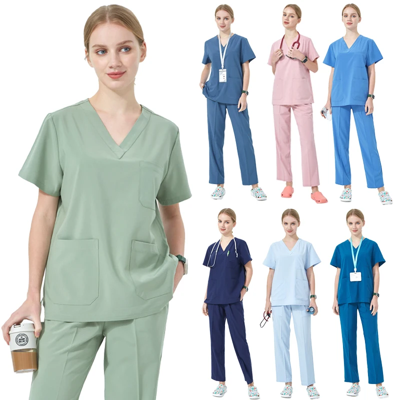 Women's solid‑color scrub top and pant set — {view} – view 3