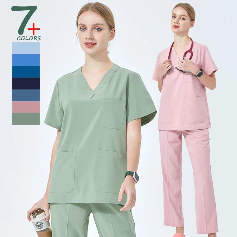 Women's solid‑color scrub top and pant set — {view} – view 2