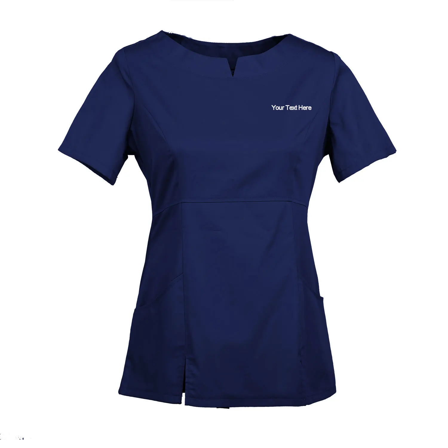 Women's embroidered cotton twill short-sleeve scrub top in {color} with personalized text