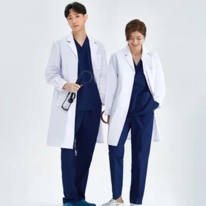 Unisex slim white lab coat — polyester microfiber twill — size {size} — {sleeve_length}