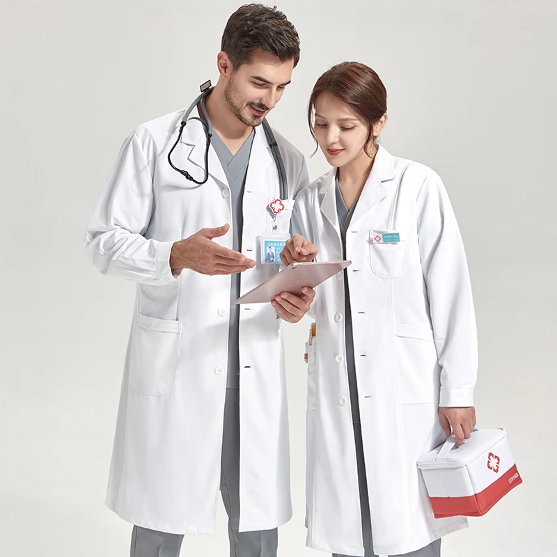 Lab coat — {color}, {sleeve_length} sleeve, size {size}, cotton polyester & microfiber twill
