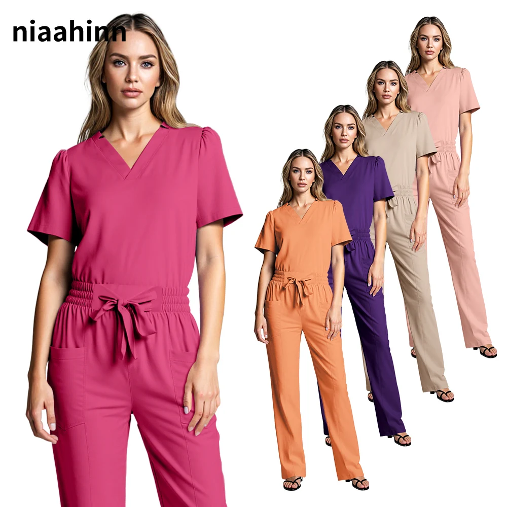 {color} women's 2-piece scrub set with v-neck, short sleeves and pockets