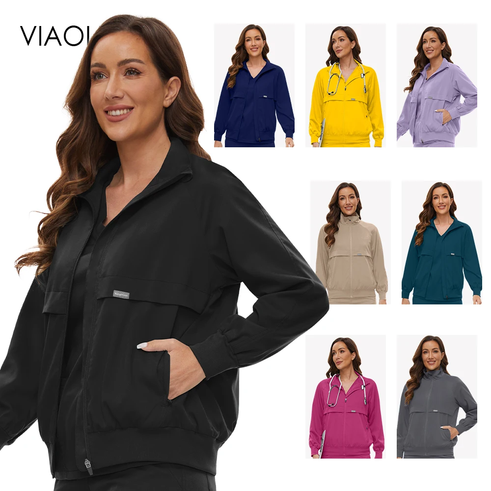 Unisex long-sleeve lab coat in {color} shown on model from front and back – view 3