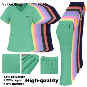 {title} — women's scrub top and pant set shown on model and flat-lay