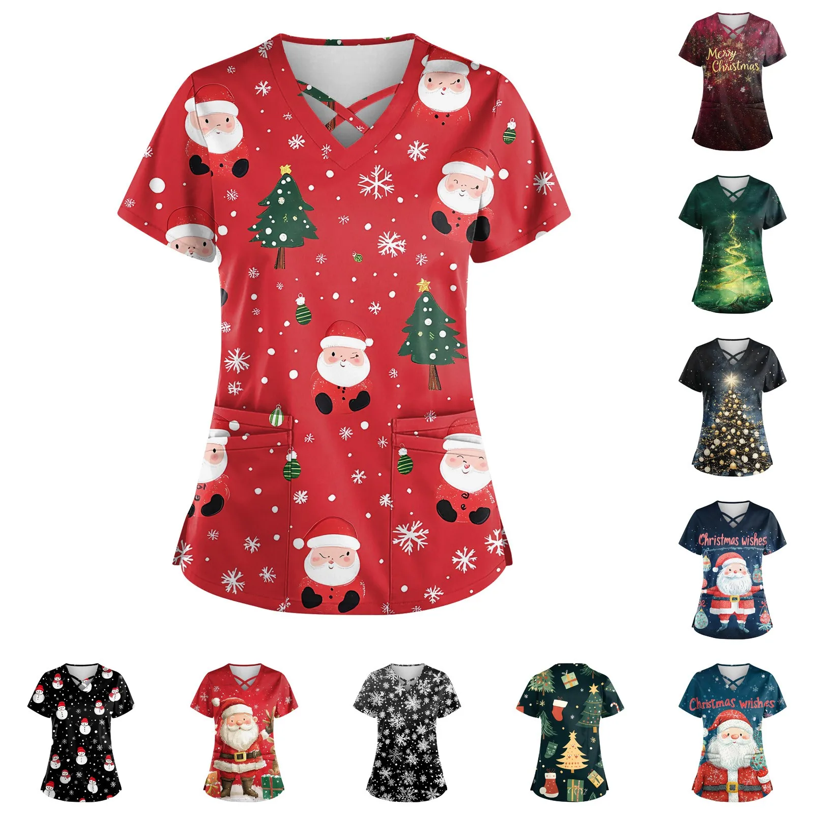 Women's Christmas-print scrub top — size {size} – view 2