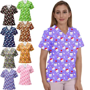 Women's V‑neck short‑sleeve scrub top with festive Christmas tree print