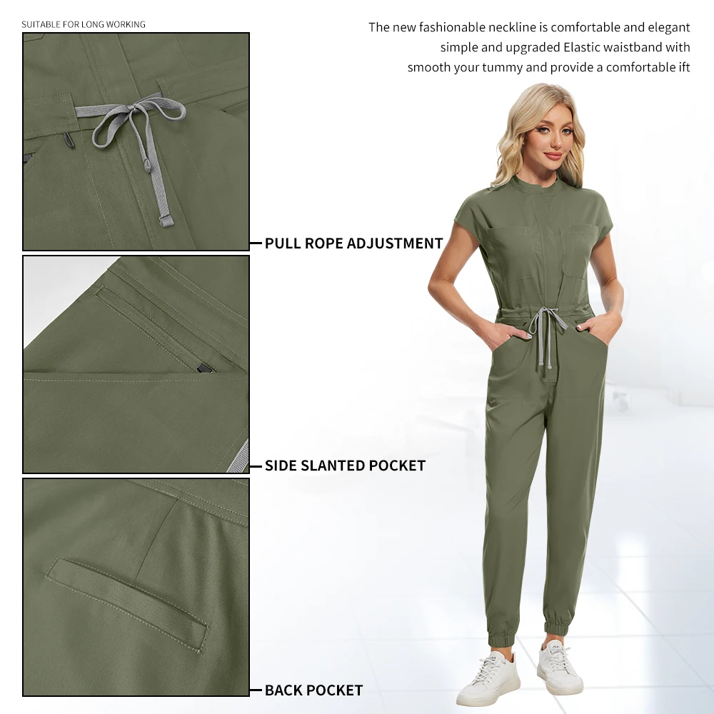 Mandarin‑collar medical scrub jumpsuit — front view – view 3