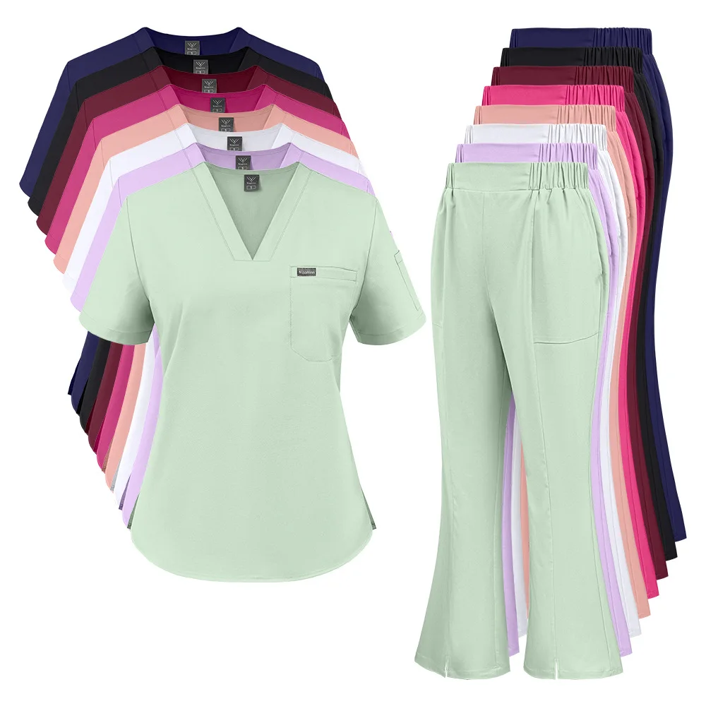 Medical scrub set with elastic high waist and split-hem flare pants — product view – view 2