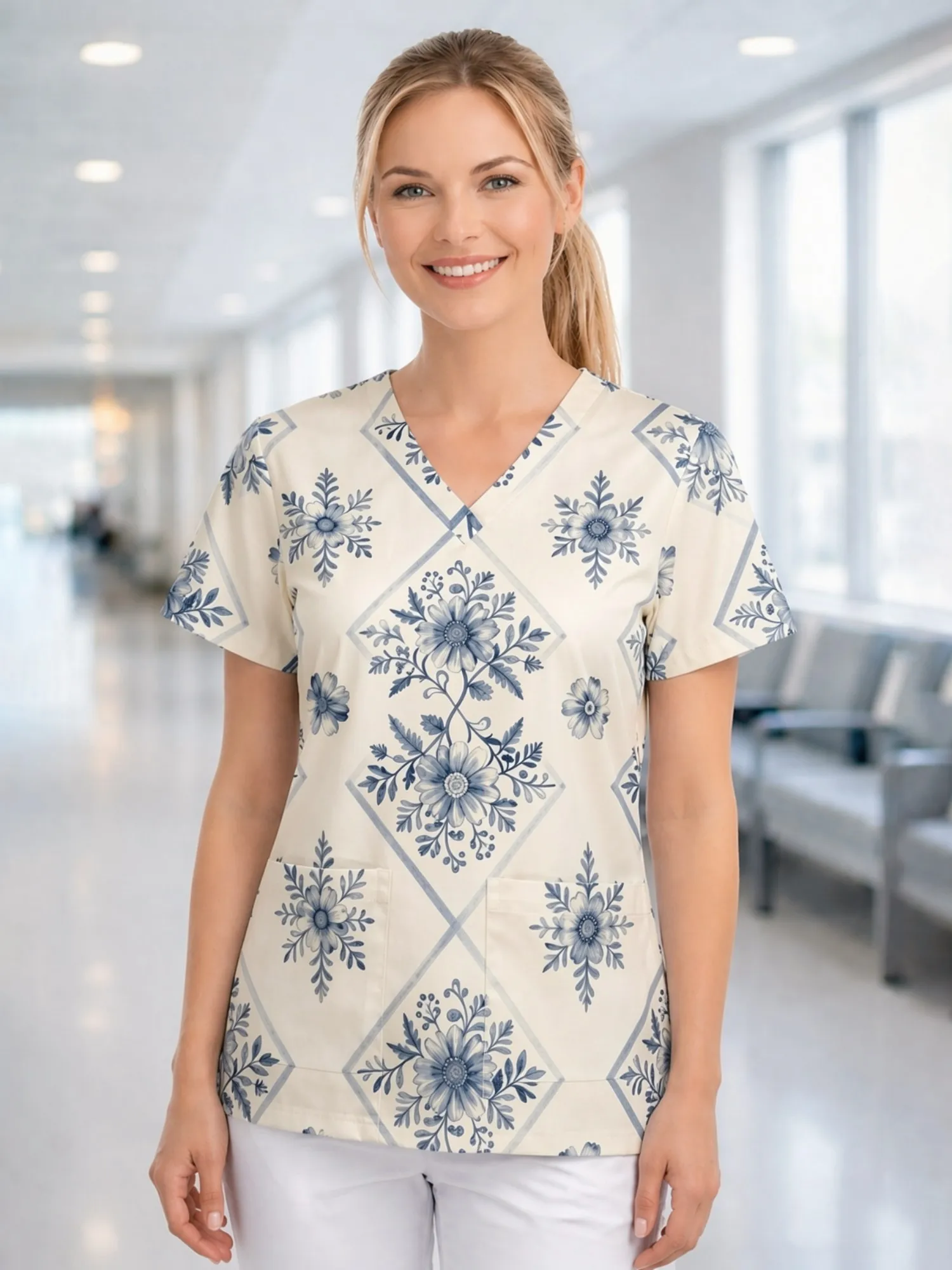 Women's V‑neck short‑sleeve scrub tunic with patch pockets and cute print – view 4