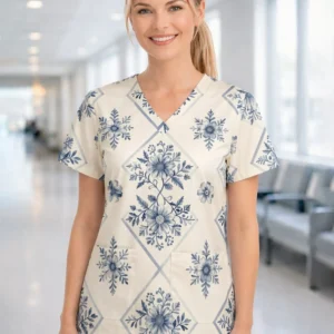 Women's V‑neck short‑sleeve scrub tunic with patch pockets and cute print