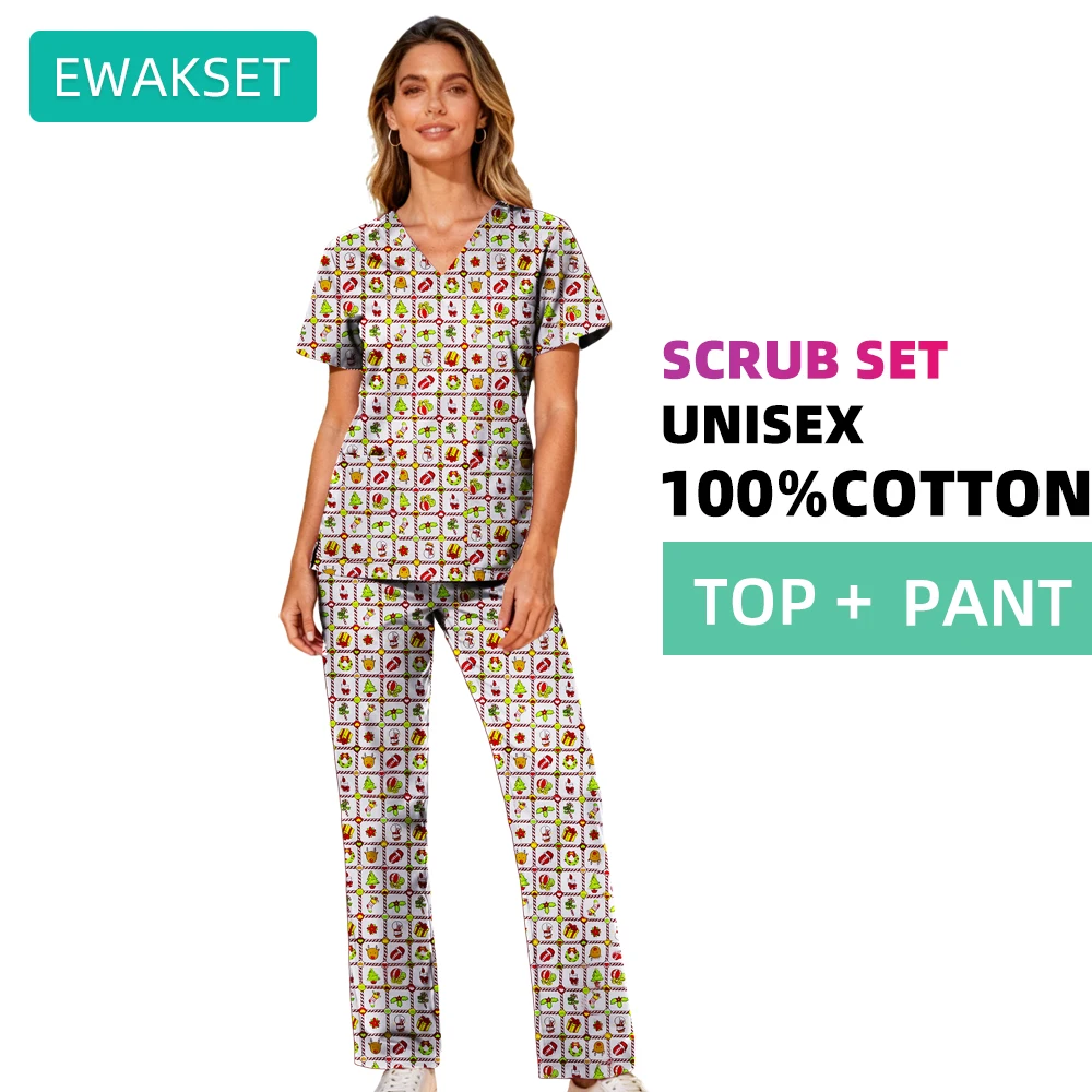 Pure cotton short-sleeve scrub set in {color} — unisex XS–4XL, top and pant – view 2