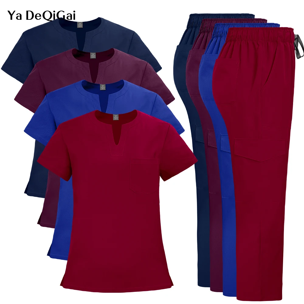 Photo of women's medical scrub set — top and straight pants. Replace {color} and {size} with the option you selected.