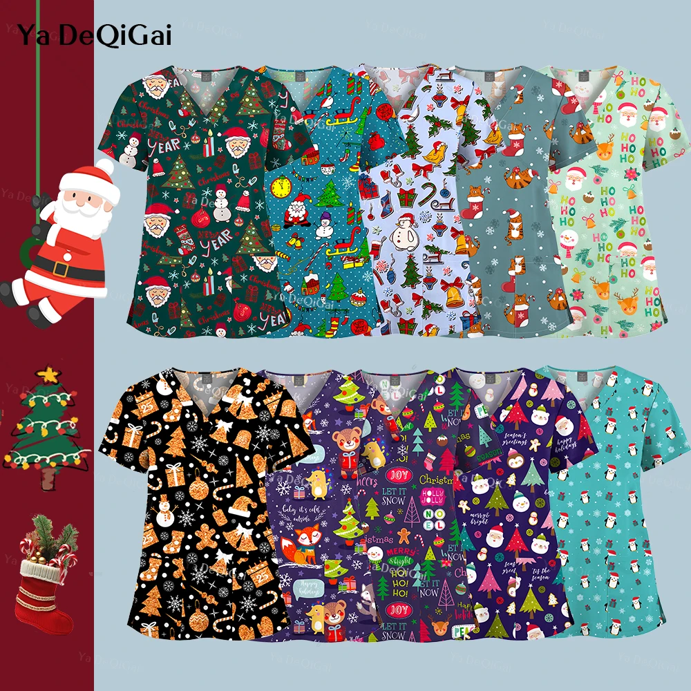 Women's Christmas print scrub top — {color} — front view – view 3
