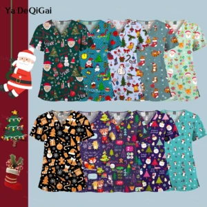 Christmas Prints Blouse Nurse Scrubs Women Short Sleeve Surgical Uniforms Nurse Medical Uniform High Quality Women's Medical Top