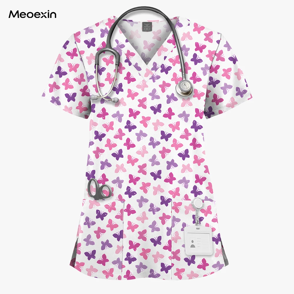 Printed Nurse Uniform Breathable Lightweight Scrub Top Pet Clinic Vet Work Uniforms Women Men Cartoon Butterfly Print Scrub Wear