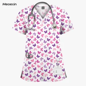 Printed Nurse Uniform Breathable Lightweight Scrub Top Pet Clinic Vet Work Uniforms Women Men Cartoon Butterfly Print Scrub Wear