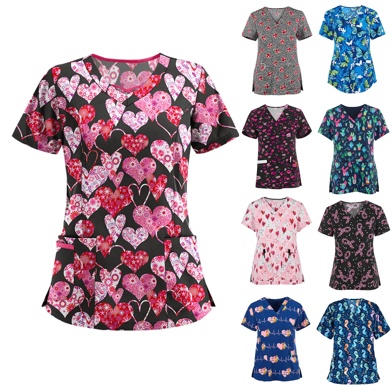 Women’s V‑neck scrub top with butterfly 3D print and pocket — front view – view 2