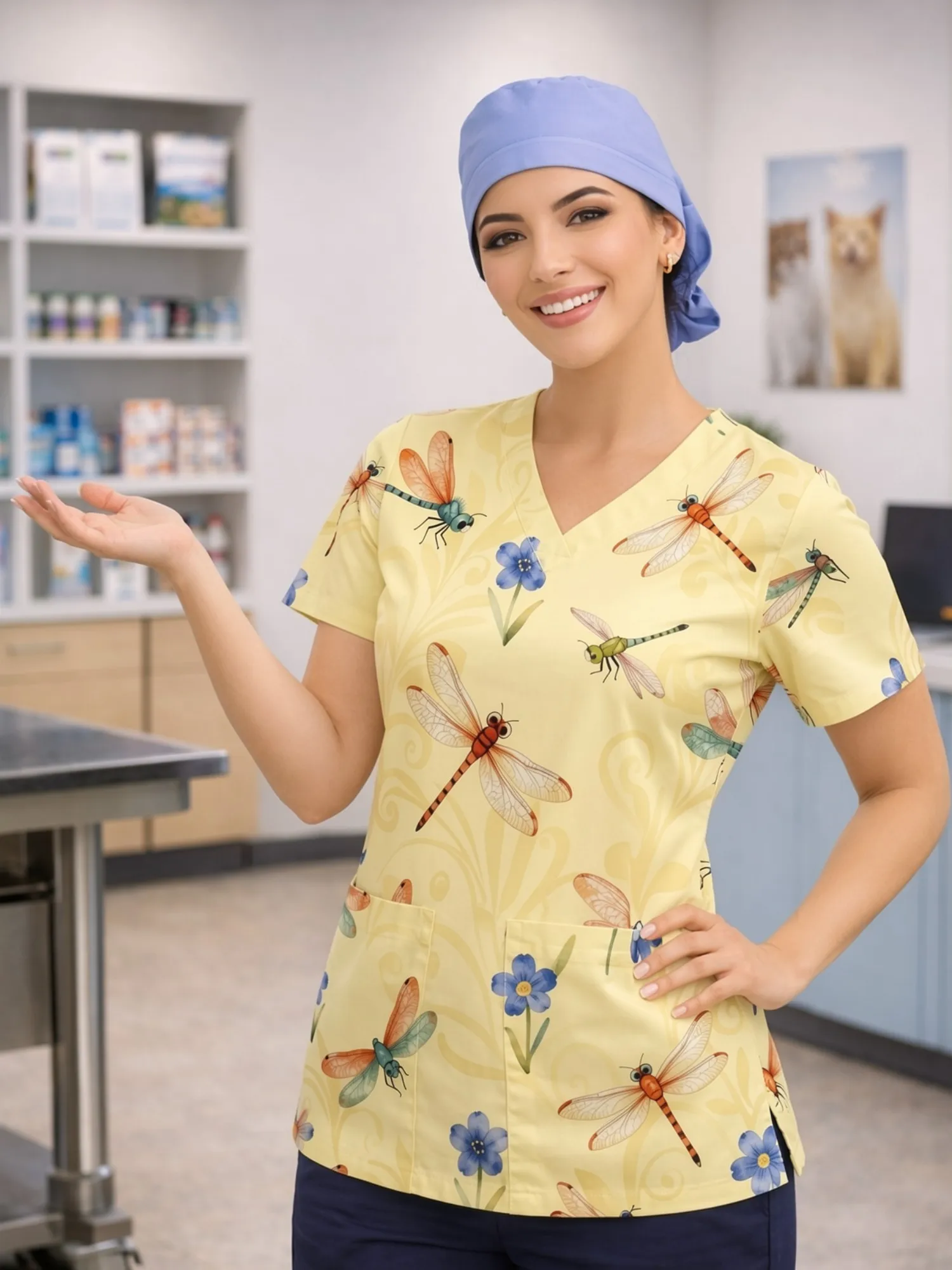 {product_title} — floral print, V‑neck, short sleeves, pockets