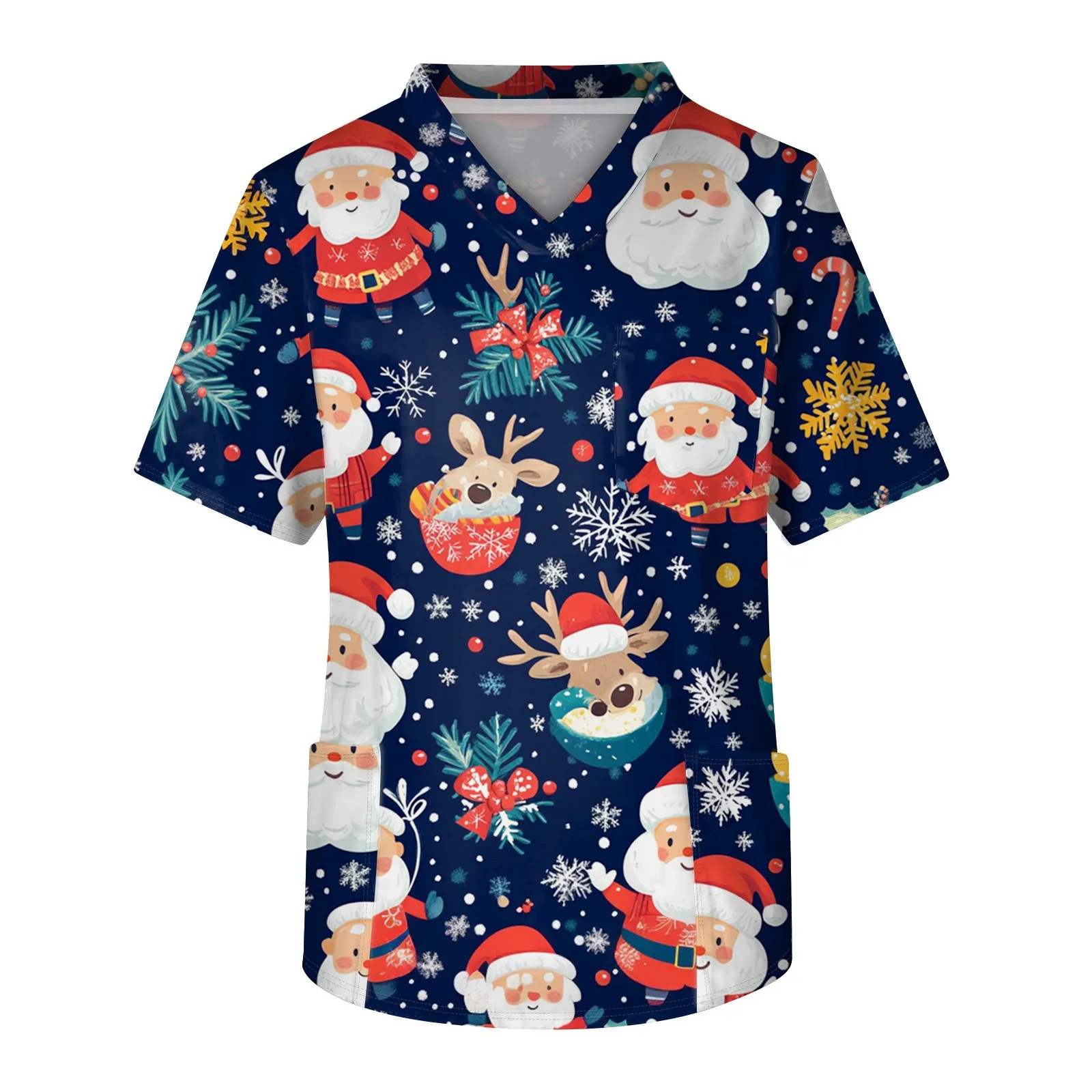 Unisex Medical Nurse Uniform Christmas Print Scrubs Tops Women Men Santa Claus T-Shirt Spa Clinic Hospital Healthcare Spa Blouse