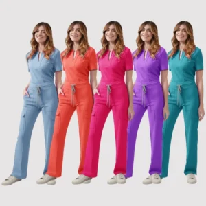 Women's scrub set in {color} — V‑neck top and cargo pants with drawstring waist; shown in size {size}.