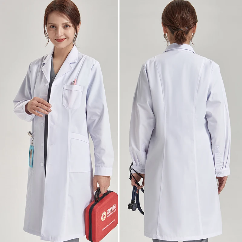 Women's white short-sleeve suit-collar lab coat (model XK002) – view 2