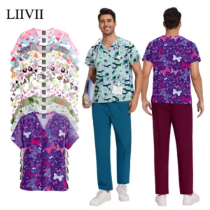 Women’s scrub top and pants set on model