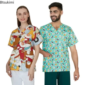 Nurse Uniforms Women Print Short Sleeve V-neck Scrubs Working Medical Blouse Overalls Uniforms Medical Nursing Spa Pet Dentistry