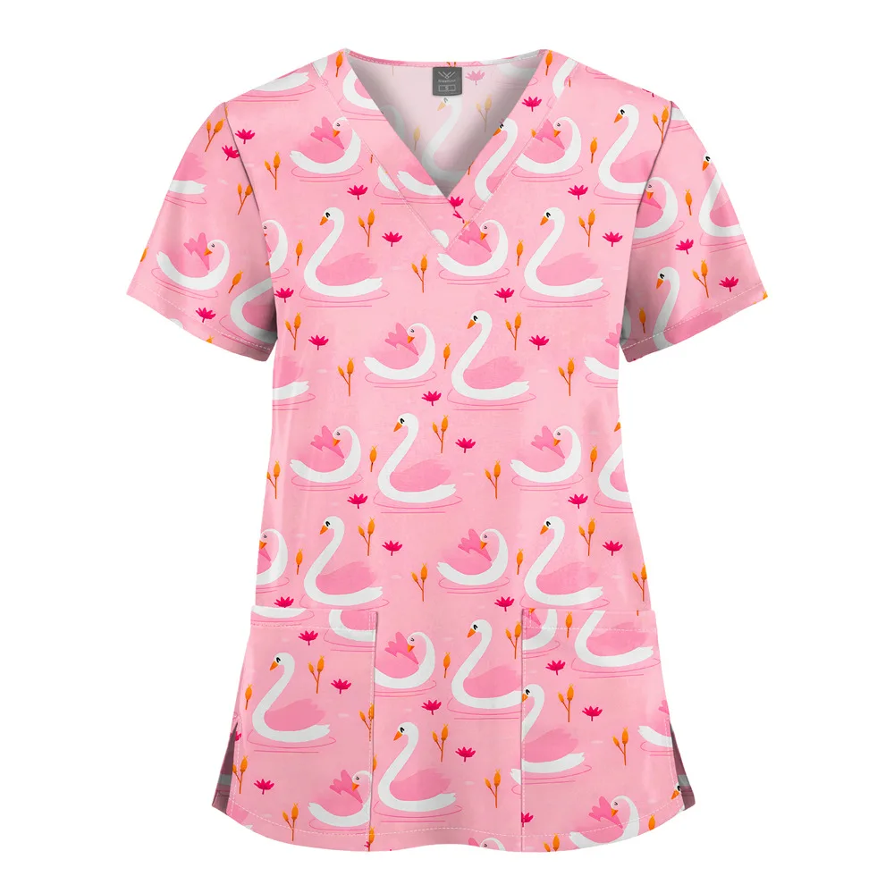 Women's V-Neck Butterfly Print Scrub Top in {print} - front view – view 3