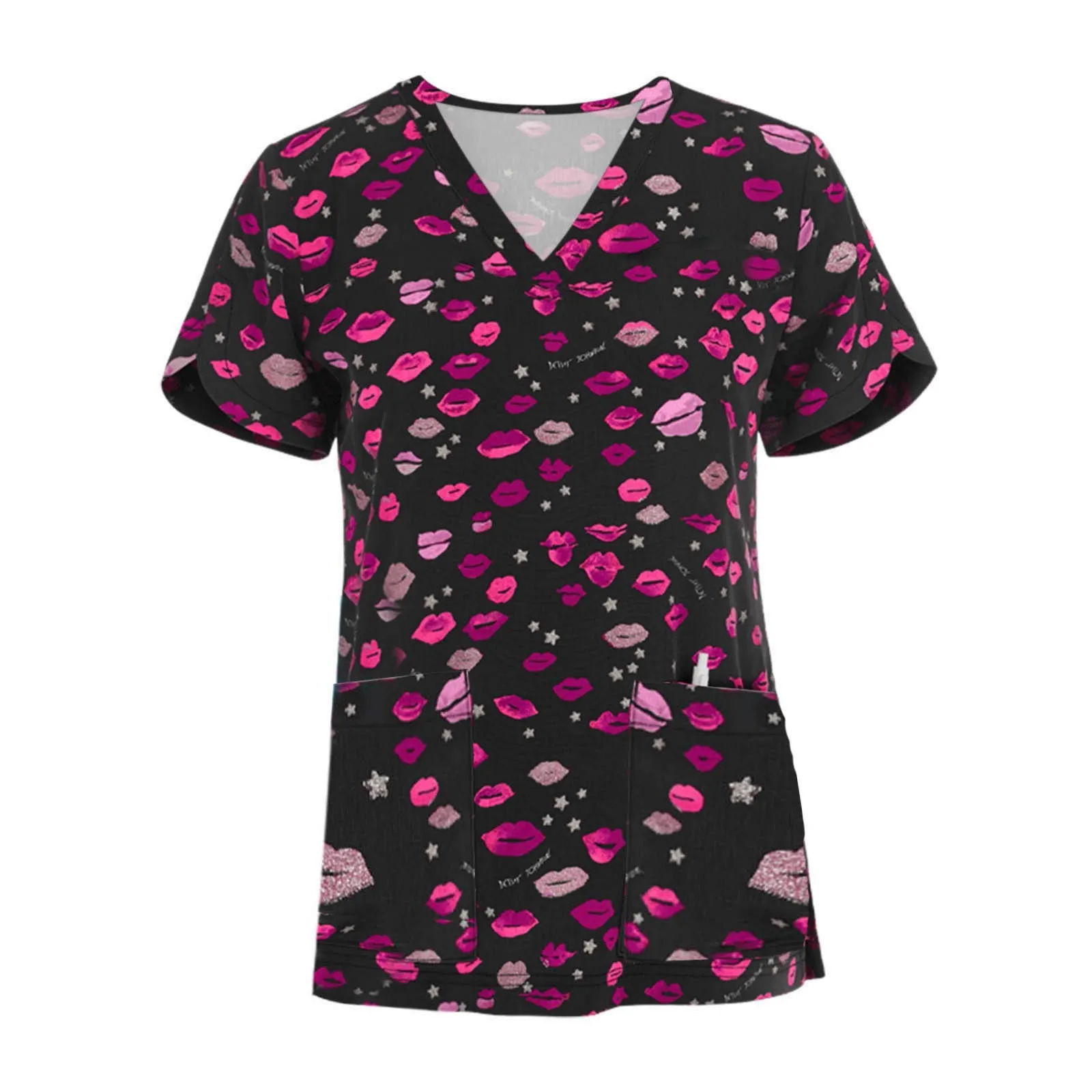 Women’s V‑neck scrub top with butterfly 3D print and pocket — front view – view 3
