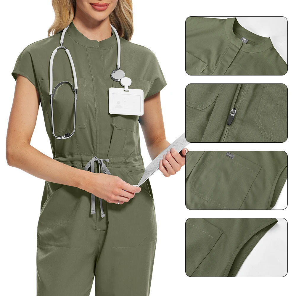 Mandarin‑collar medical scrub jumpsuit — front view – view 2
