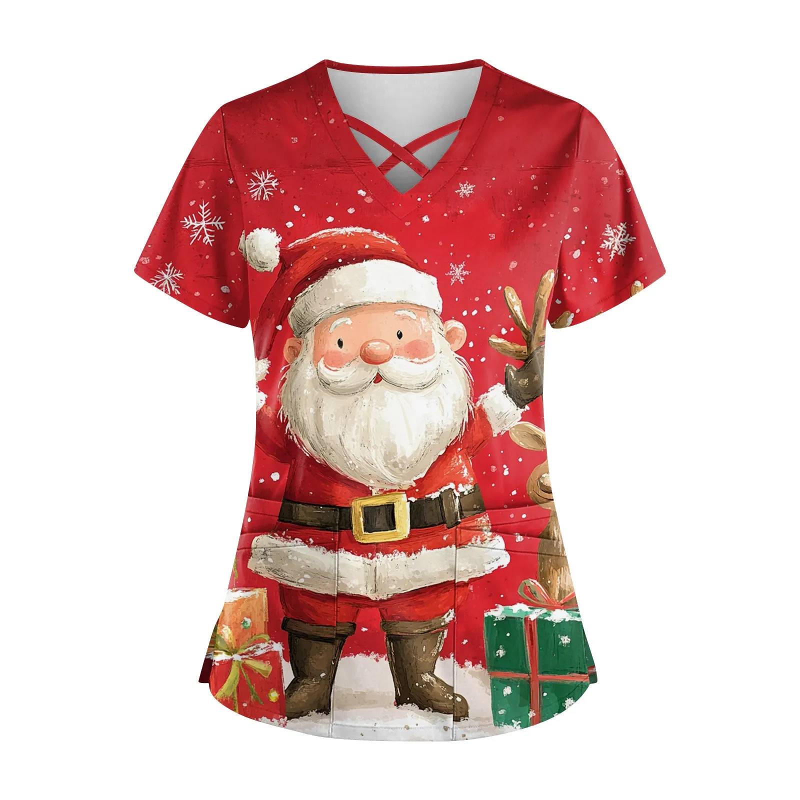Women's Christmas-print scrub top — size {size} – view 3