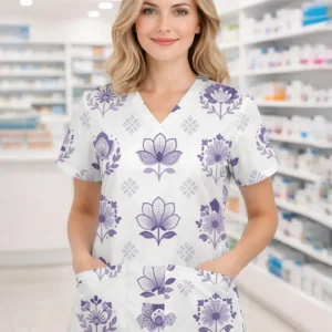 Women's V‑neck scrub top in sweet print — short sleeve, front pockets, soft fit