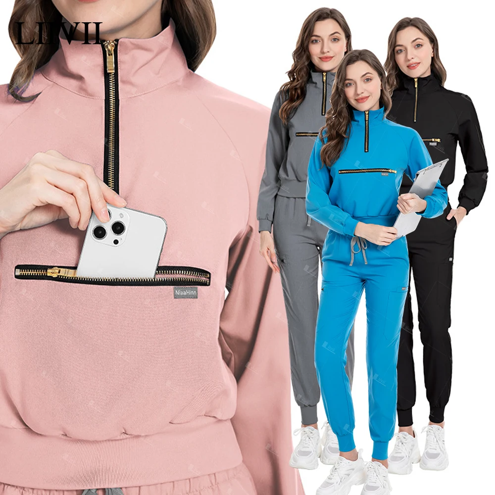 Women's long-sleeve scrub top and jogger pants in multicolor — pocketed two-piece set – view 3