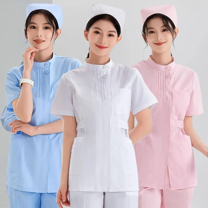 Women's white short-sleeve polyester broadcloth scrub top, sizes S–XXXL