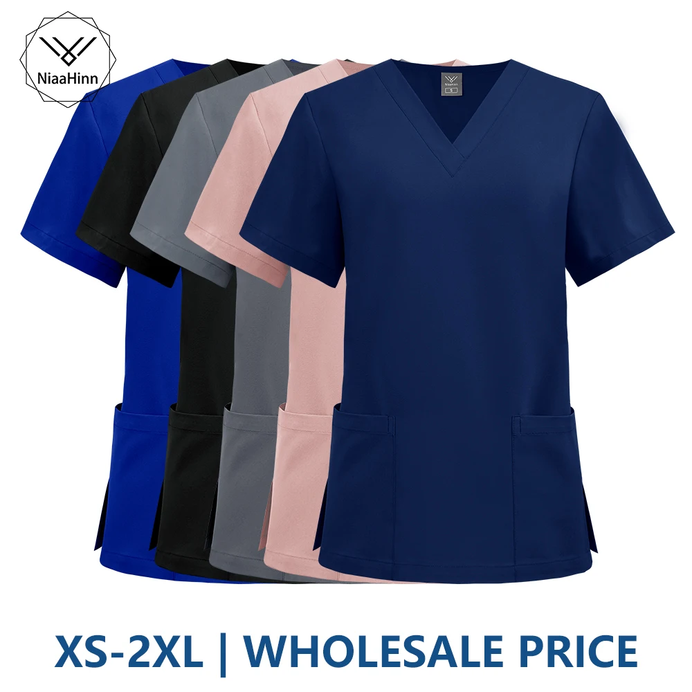 Front view of {color} unisex short-sleeve V-neck scrub top