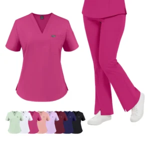 Medical scrub set with elastic high waist and split-hem flare pants — product view