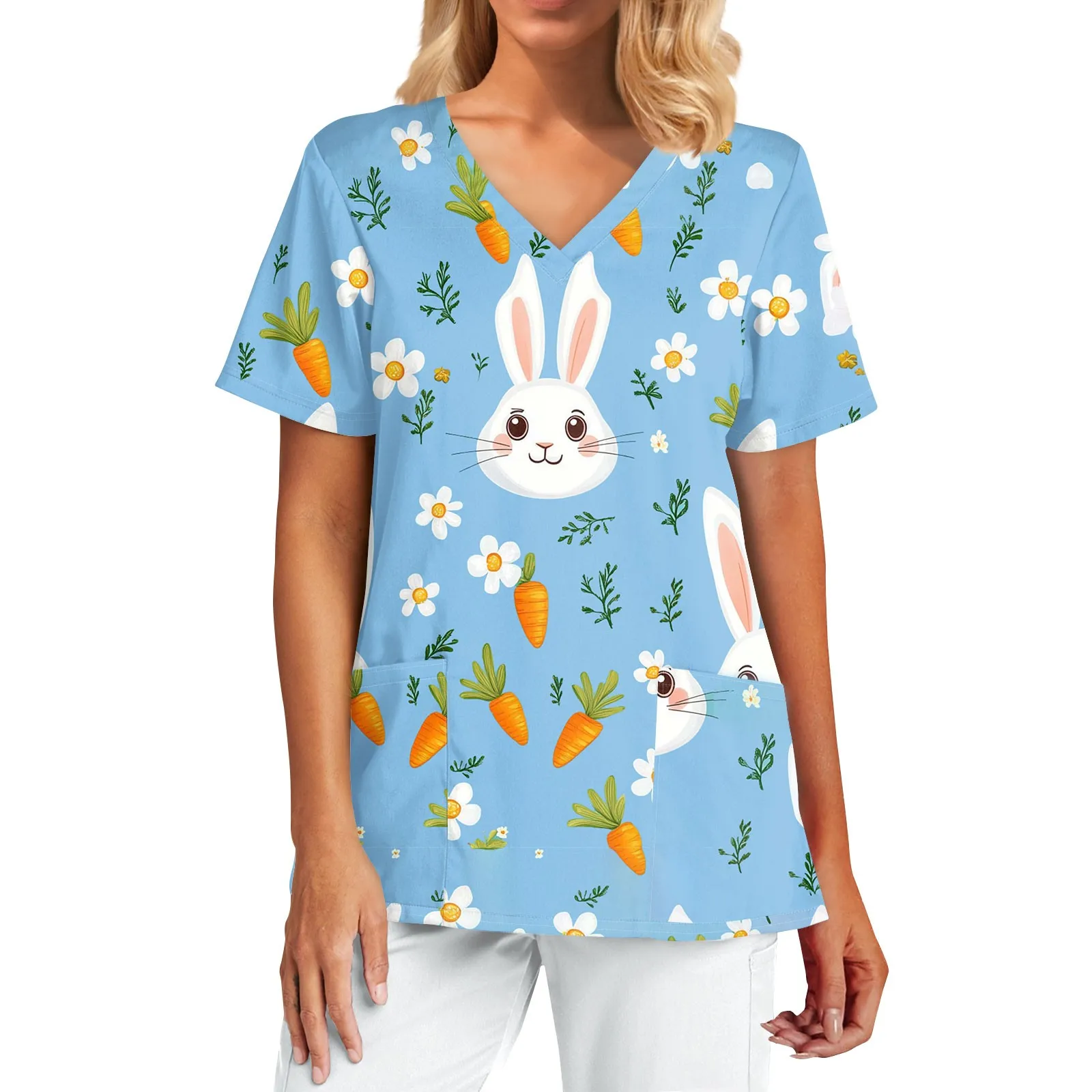 Women's V‑neck short sleeve scrub top with Easter Bunny cartoon print — front view – view 3