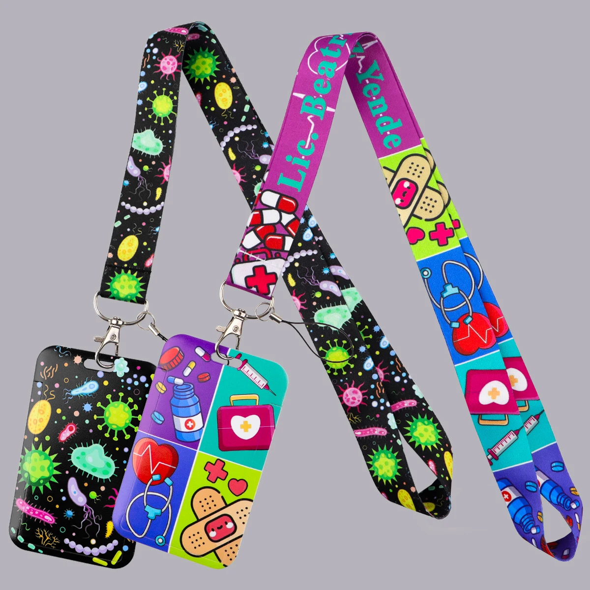 {title} — colorful bacteria and animal print polyester neck lanyard shown with a badge and keyring