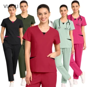[Variant color] summer stretch scrub set — front view of top and pants on model; close-up of fabric showing breathable, stretch construction