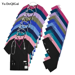 {color} women's short‑sleeve scrub set (top + pants), 94% polyester / 6% spandex