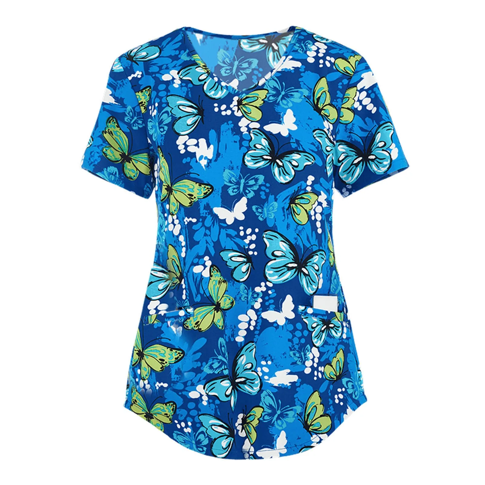 Women’s V‑neck scrub top with butterfly 3D print and pocket — front view