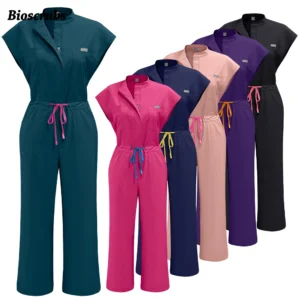 Women's pocketed medical jumpsuit scrub — front view; size {size}; color {color}