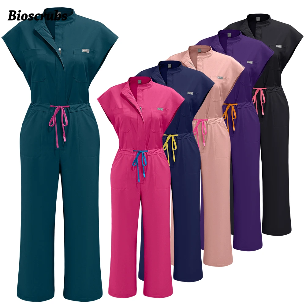 Women's pocketed medical jumpsuit scrub — front view; size {size}; color {color}