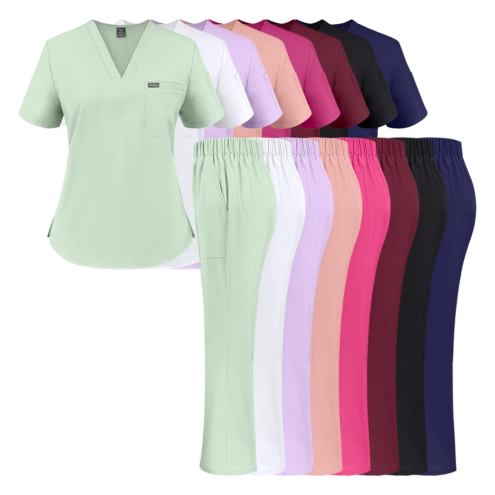 Medical scrub set with elastic high waist and split-hem flare pants — product view – view 3