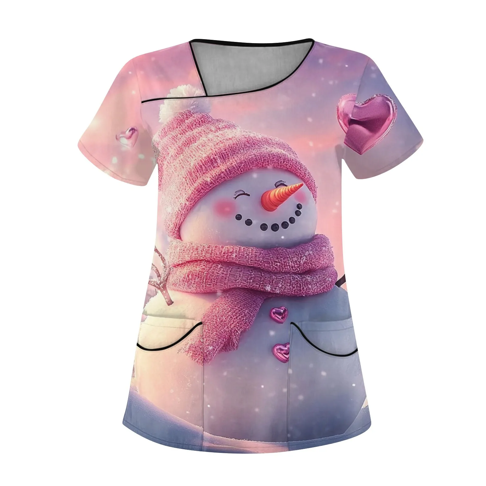 Women's Merry Christmas short-sleeve scrub top in {color} — front view, holiday print for nurses – view 3