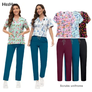 Women Medical Hospital Doctor Scrubs Cartoon Printed Nurses Uniform Scrub Sets Uniforms Straight Pants Scrubs Nurses Accessories