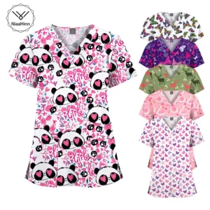 Personalized Printed Medical Scrub Women Men Dental Uniform Surgical Gown Nursing Cleaning Scrub Tops Short Sleeved Shirt Unisex