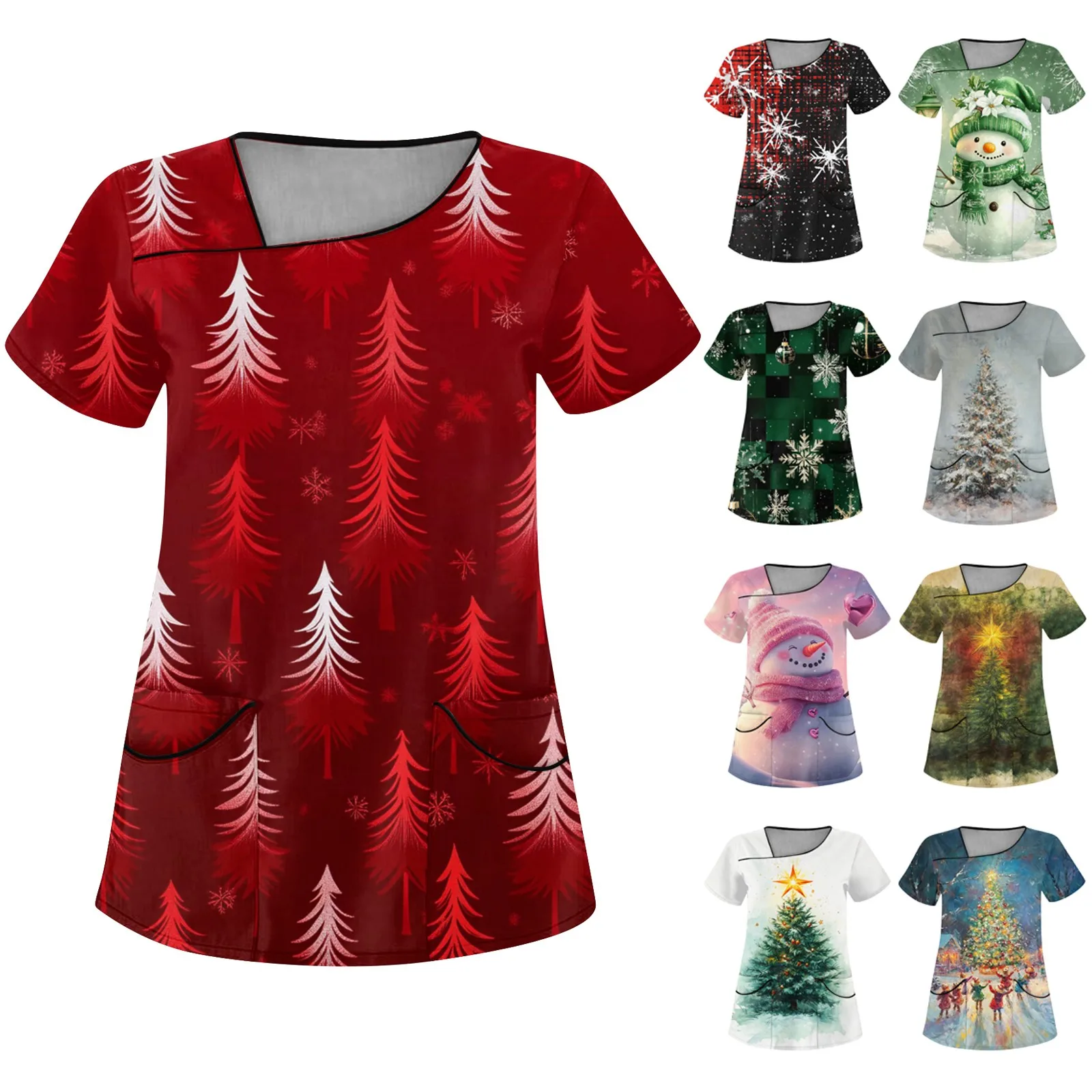 Women's Merry Christmas short-sleeve scrub top in {color} — front view, holiday print for nurses – view 2