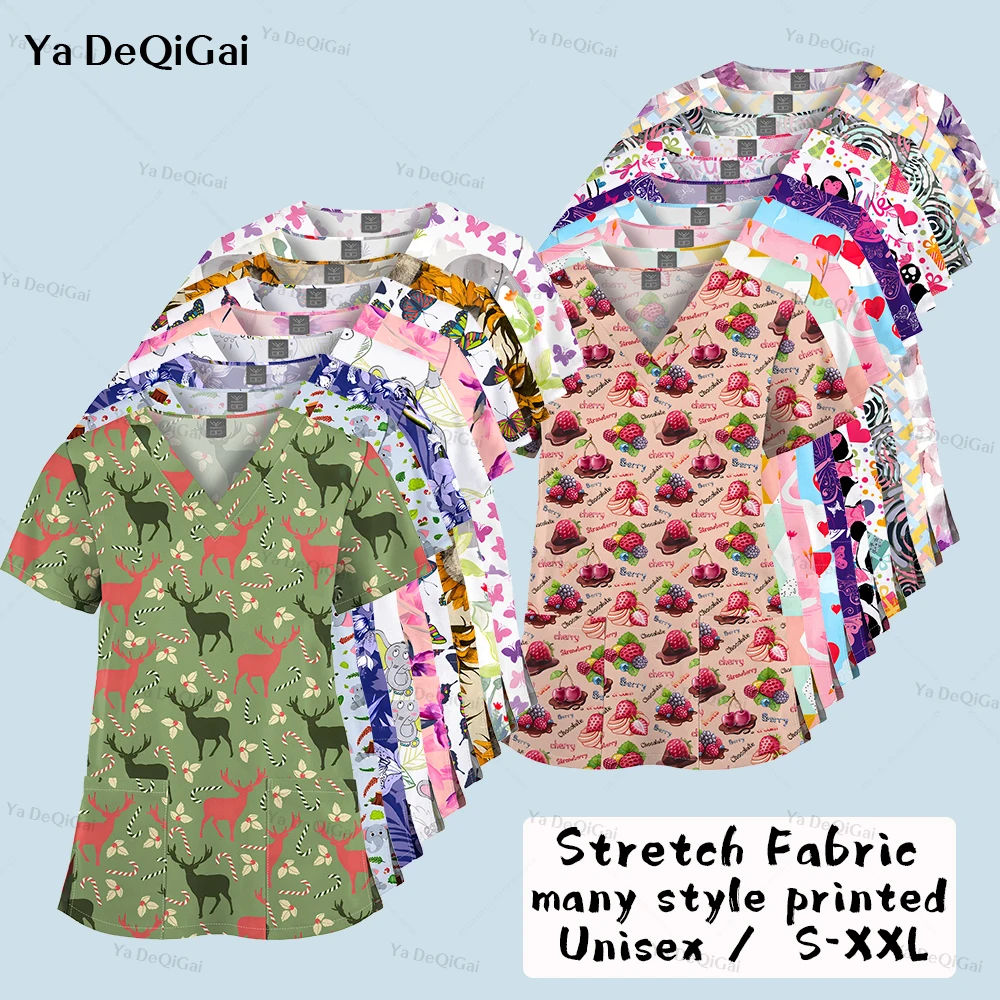 Surgical Uniforms Woman Scrub V-Neck Short Sleeve Top Women's Medical Uniforms Vet Clinical Uniform Cute Cartoon Beautiful Print
