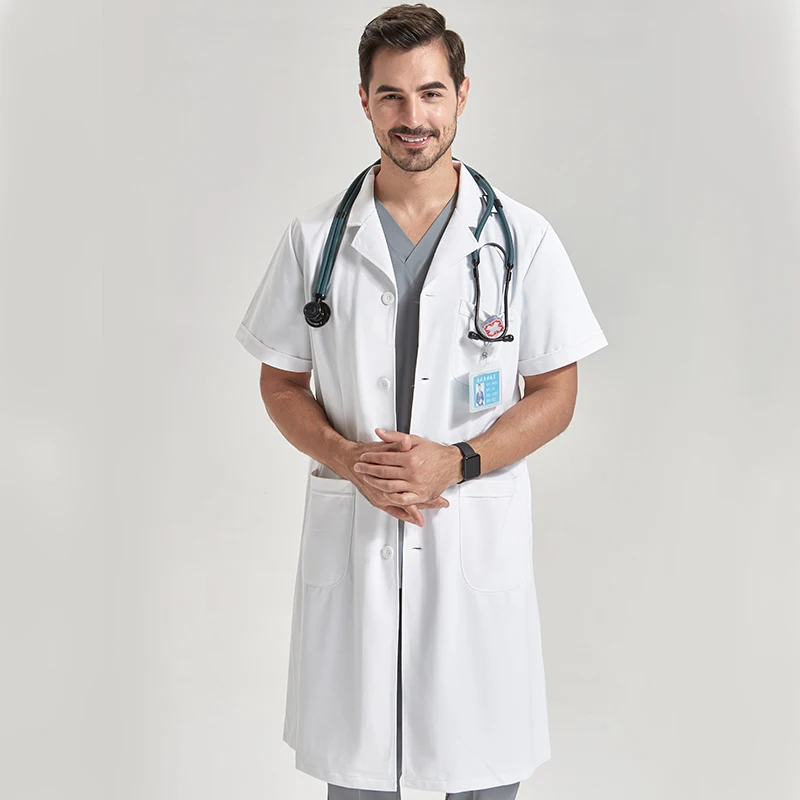 White lapel-neck lab coat for men — classic professional coat – view 2